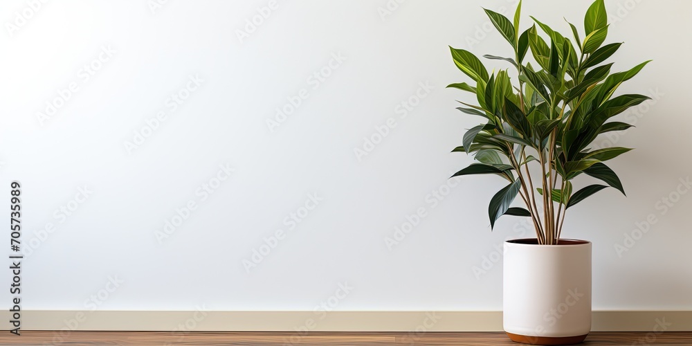 A wooden frame on a white wall with a plant in the pot on the side - obrazy, fototapety, plakaty 