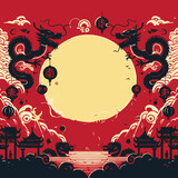 Chinese New Year background with dragon, moon, clouds and lanterns.