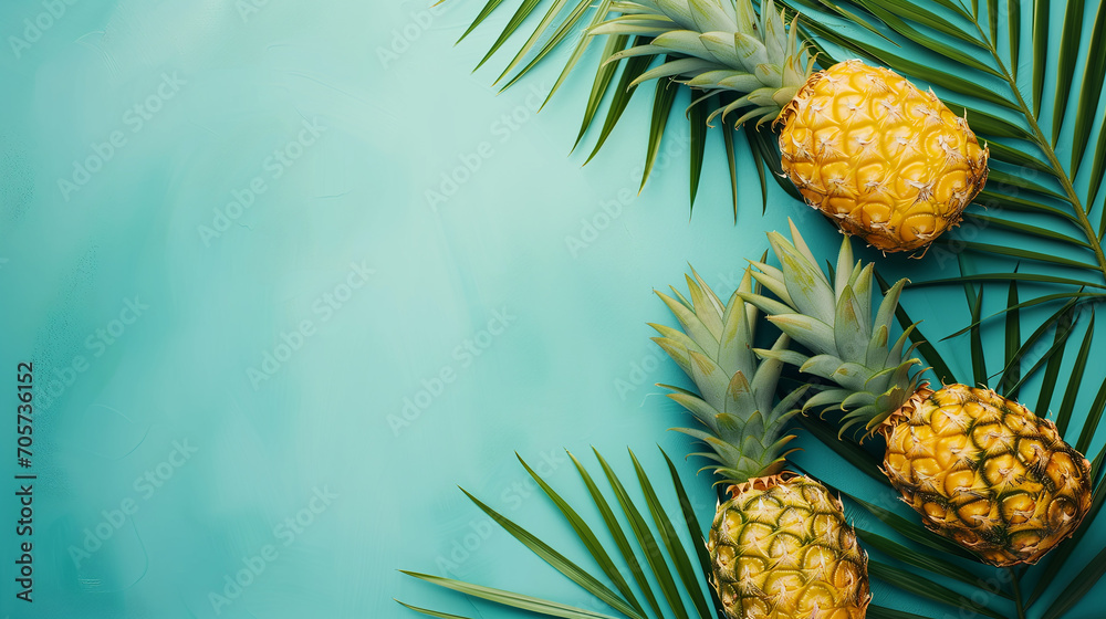 Fototapeta Pineapples and palm leaves on yellow color summer background. Whole tropical summer pineapples fruits and sliced pineapple halves flat lay composition with copy space