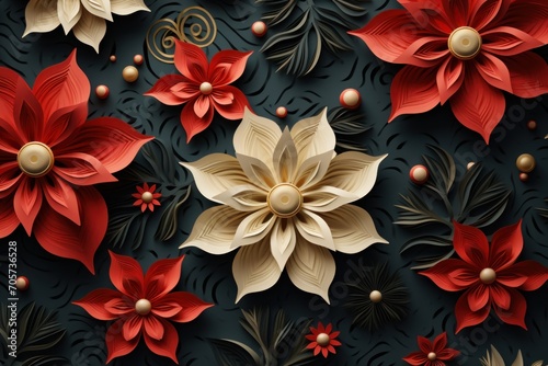  a close up of a bunch of flowers on a black background with red  white and gold poinsettis on the top of the petals and on the bottom of the petals.