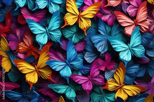  a group of multicolored butterflies that are flying in the air and looking like they have been made out of paper and are all different colors of different shapes and sizes.