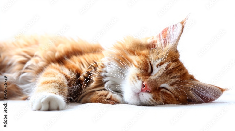 Isolated slipping red kitten on a white background