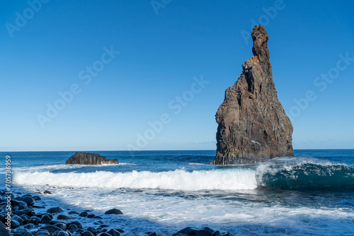 Waves crashing at the harsh coast line of Madeira 