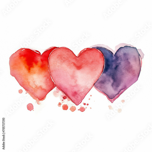 Watercolor hearts  greeting card design  illustration  3 colors  pink  red and purple. Plain background.
