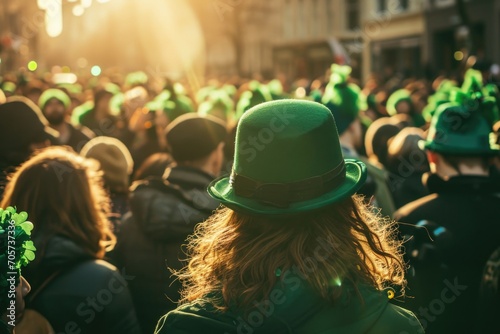 St. Patrick's Day, parade and happy people in green clothes, Ireland photo