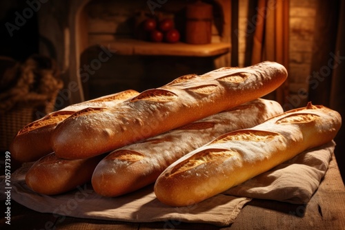  a bunch of loaves of bread sitting on top of a piece of paper on top of a wooden table in front of a fire place with a fireplace in the background.