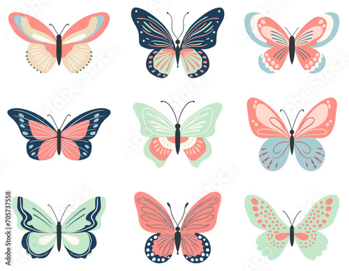 Cute butterflies in pastel colors. Spring and summer elements. Hand drawn illustration.