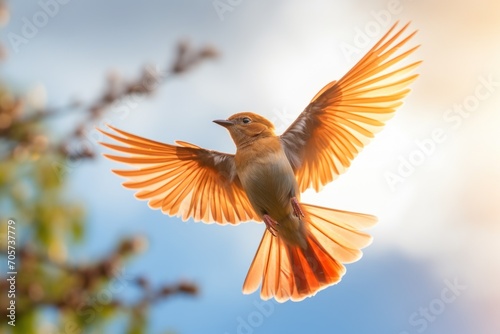  a bird that is flying in the air with its wings spread and it's wings are spread wide open and there is a tree in the foreground and a blue sky in the background. © Nadia