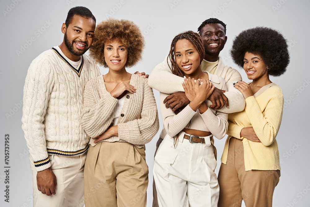group of cheerful african american people in casual attire standing on grey background, Juneteenth group of cheerful african american people in casual attire standing on grey background, Juneteenth