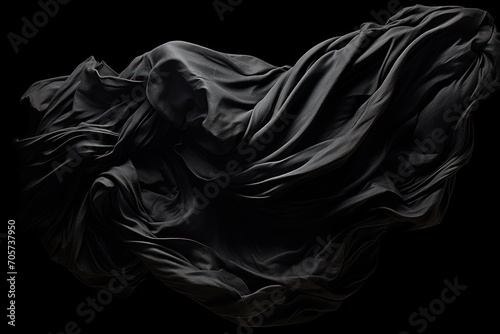  a black and white photo of a cloth blowing in the wind on a black background with room for text or a clipping in the bottom right corner of the image.
