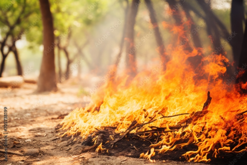 a fire blazing in the middle of a forest with lots of trees in the background and a person in the foreground with a backpack on the other side of the fire. a fire blazing in the middle of a forest with lots of trees in the background and a person in the foreground with a backpack on the other side of the fire.