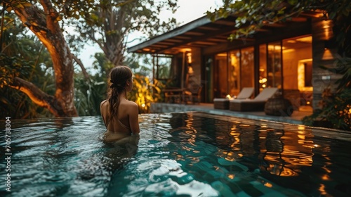 beautiful woman wear swimming at luxury pool villa