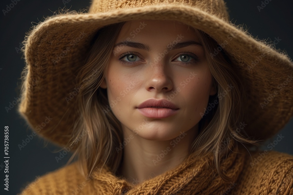 Close-up portrait of a charming woman wearing a warm knitted sweater and hat, looking at the camera on a gray background. Handmade, clothes and accessories, winter, comfort concepts. Close-up portrait of a charming woman wearing a warm knitted sweater and hat, looking at the camera on a gray background. Handmade, clothes and accessories, winter, comfort concepts.