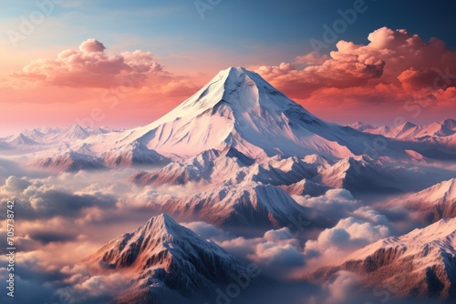  a snow covered mountain in the middle of a cloudy sky with a pink and blue sky in the background and a pink and blue sky with white clouds in the foreground. photo