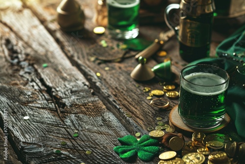 St. Patrick's Day: green hat and several three-leaf and four-leaf shamrocks on a wooden table.