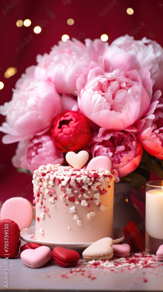 A white cake sitting on top of a table next to a vase of flowers A white cake sitting on top of a table next to a vase of flowers