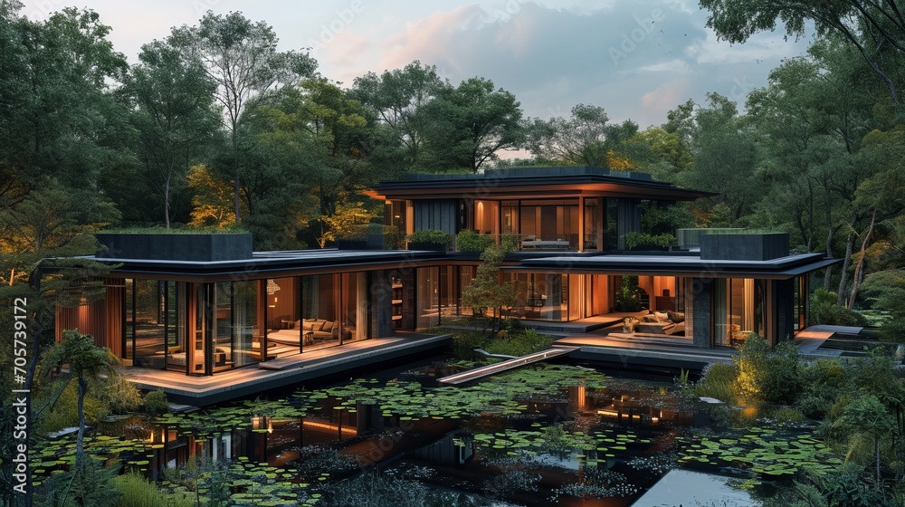 Modern house with pitched roof with large overhangs, in forest with pond and lily pond, cozy wood, in the style of dark bronze and dark black, asian-inspired, dark gray, soft light, orient-inspired Modern house with pitched roof with large overhangs, in forest with pond and lily pond, cozy wood, in the style of dark bronze and dark black, asian-inspired, dark gray, soft light, orient-inspired