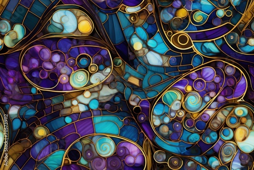  a close up of a stained glass window with blue, yellow, and purple swirls and circles in the center of the glass, with a gold border around the edges.