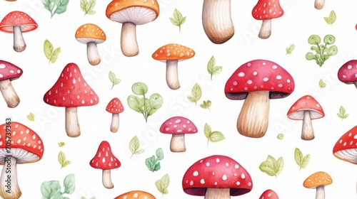 A pattern of mushrooms and leaves on a white background
