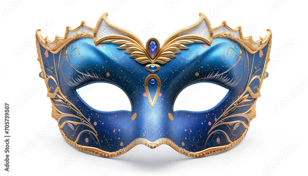 Blue, gold Carnival half-face mask isolated on the white background. Concept Festival, theatre