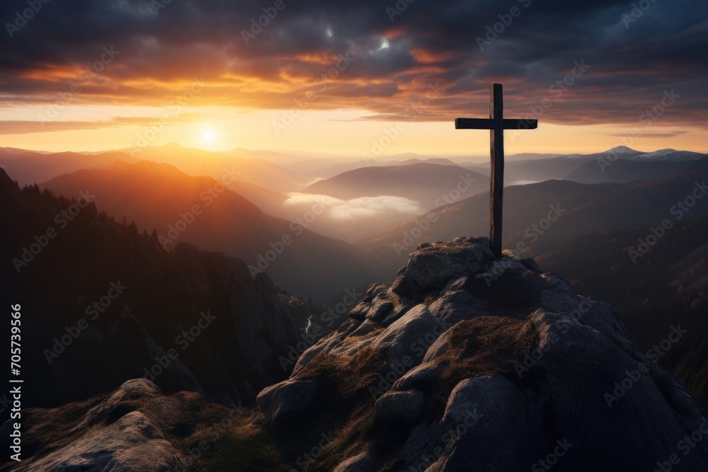  a cross on top of a mountain with the sun setting in the background and clouds in the sky over a valley with mountains and a mountain range in the foreground.