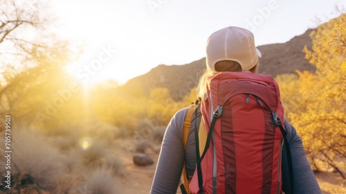 A woman with a backpack walking in the desert