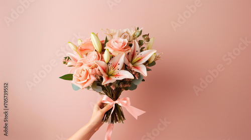 a hand holding a bouquet of flowers isolated on a melon, pink back ground with copy space