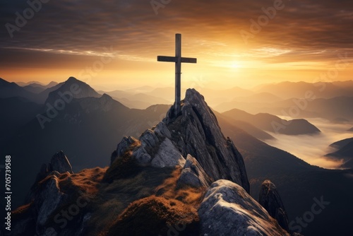  a cross on top of a mountain with the sun setting in the background and clouds in the sky over the top of the mountain is a crucift.
