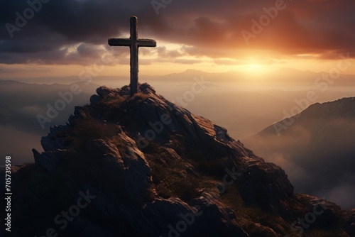  a cross on top of a mountain with a cloudy sky in the background of the image is a cross on top of a mountain with a cloudy sky in the background.