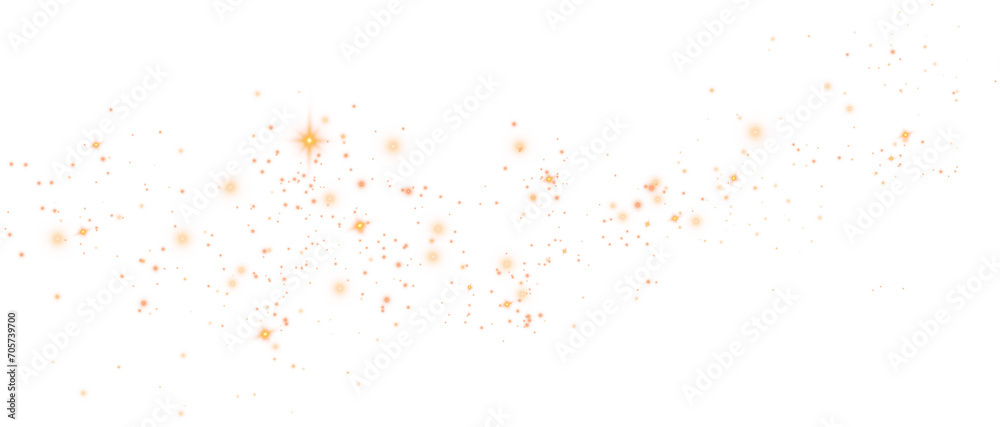 Golden dust. Beautiful light flashes. Dust particles fly in space. Bokeh effect. Light rays. PNG.
