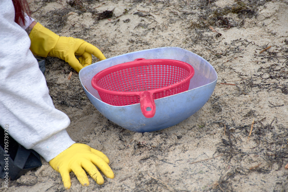The volunteers to collect the pellets on the beaches of Galicia use strainers, buckets, gloves The volunteers to collect the pellets on the beaches of Galicia use strainers, buckets, gloves
