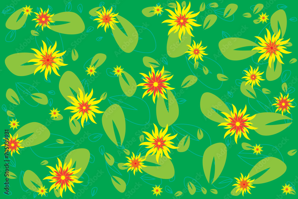Illustration abstract of yellow flower with leaf on green background.