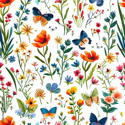 seamless pattern with flowers  butterflies and plants on white background