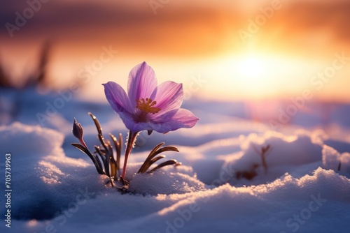  a pink flower sitting in the middle of a snow covered field with the sun setting in the distance in the distance in the distance is a field of snow covered with grass and snow. © Nadia