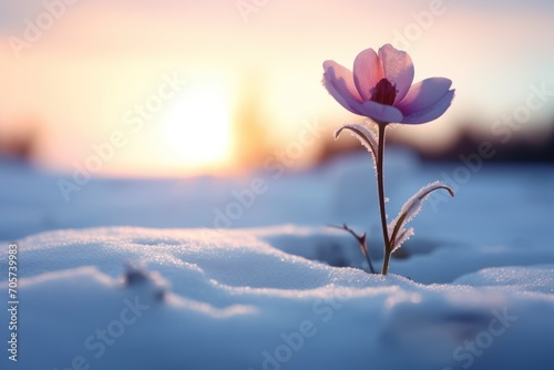  a single pink flower sitting in the middle of a snow covered field with the sun setting in the distance in the distance, with a blurry background of the snow - covered ground. #705739983