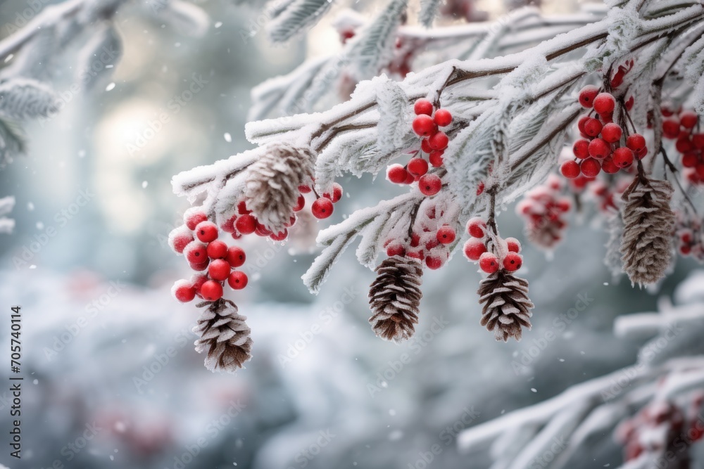 a bunch of pine cones hanging from a branch with red berries and pine cones hanging off of it's branches in a snow covered forest with red berries and pine cones. a bunch of pine cones hanging from a branch with red berries and pine cones hanging off of it's branches in a snow covered forest with red berries and pine cones.