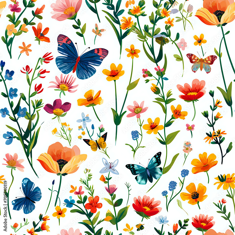 seamless pattern with flowers, butterflies and plants on white background seamless pattern with flowers, butterflies and plants on white background