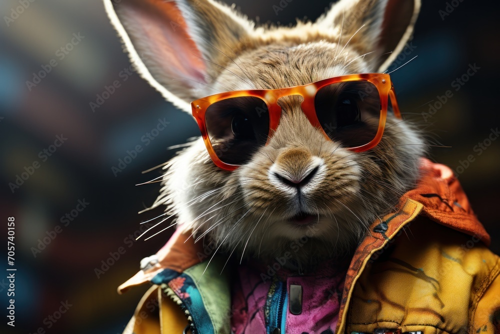  a close up of a rabbit wearing a jacket and sunglasses with a jacket on it's head and a jacket on its back with a shirt on it's chest.