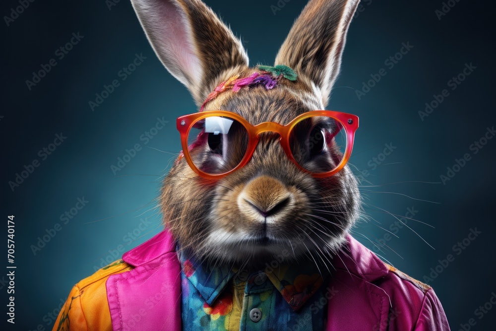  a close up of a rabbit wearing sunglasses and a colorful shirt with a shirt on it's chest and a tie on it's chest and a blue background.