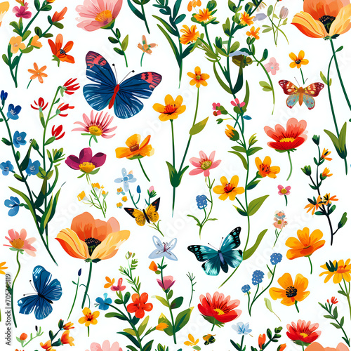 seamless pattern with flowers, butterflies and plants on white background © Kinga