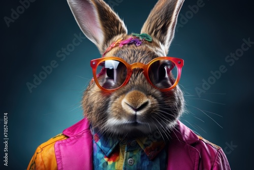  a close up of a rabbit wearing sunglasses and a colorful shirt with a shirt on it's chest and a tie on it's chest and a blue background.