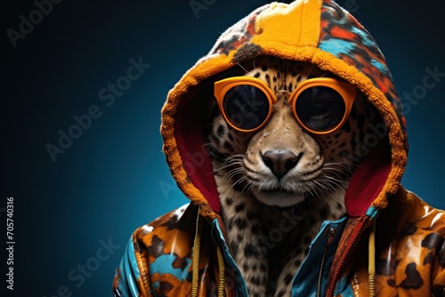  a cheetah wearing yellow goggles and a leopard print jacket with a leopard print hoodie and a leopard print jacket with a leopard print hood and goggles.