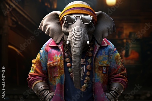  an elephant with a hat and sunglasses on it's head is wearing a colorful jacket and a hat with beads and beads on it's ears is standing in front of a dark background.