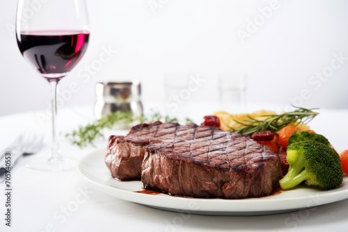  a plate of steak, broccoli, carrots, and a glass of red wine on a white tablecloth with a glass of wine in the background.