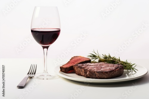  a white plate topped with a piece of steak next to a glass of red wine and a piece of steak on a plate next to a fork and a glass of red wine.