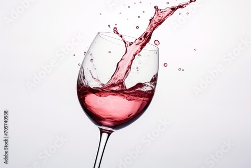  a wine glass filled with red wine with a splash of water coming out of the top and a wine bottle in the bottom of the glass on a white background.