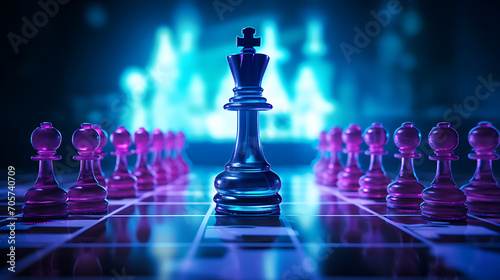 Chess game represent to leader of the game under the concept of business strategy, neon background