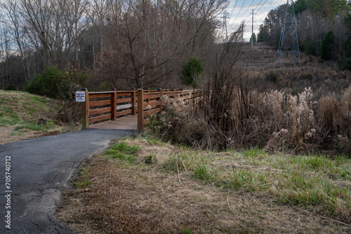 Bridge crossing near the Tega Cay golf course off of the Trailhead Park hiking trail in Tega Cay, South Carolina.