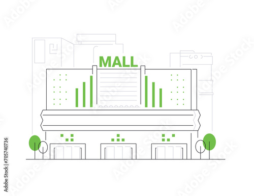City shopping center - modern line design style illustration on white background. Composition with mall. The central street with the main public building where trade takes place. Urban idea