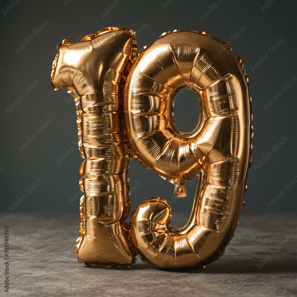 number 19 from golden balloon, 19th birthday - obrazy, fototapety, plakaty 